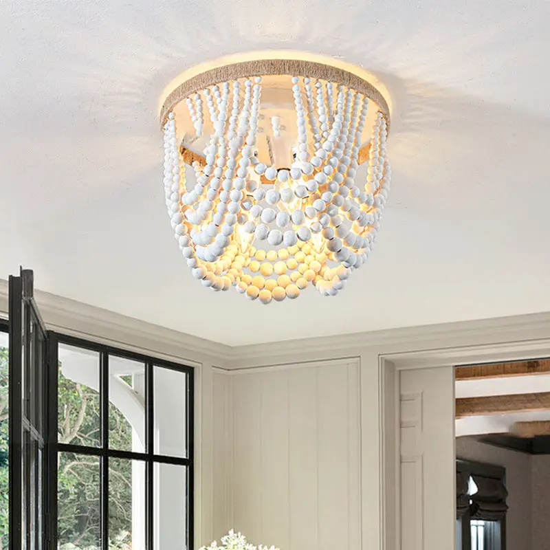 Traditional Vintage Round Curtain Wooden Beads Sisal Hardware 3-Light Flush Mount Ceiling Light For Bedroom