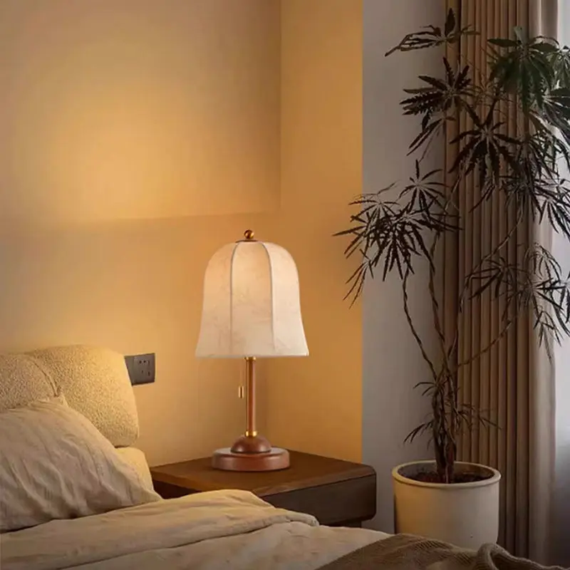 Traditional Vintage Metal Wood Printed Flared Fabric Dome Frame 1-Light Table Lamp For Bedroom