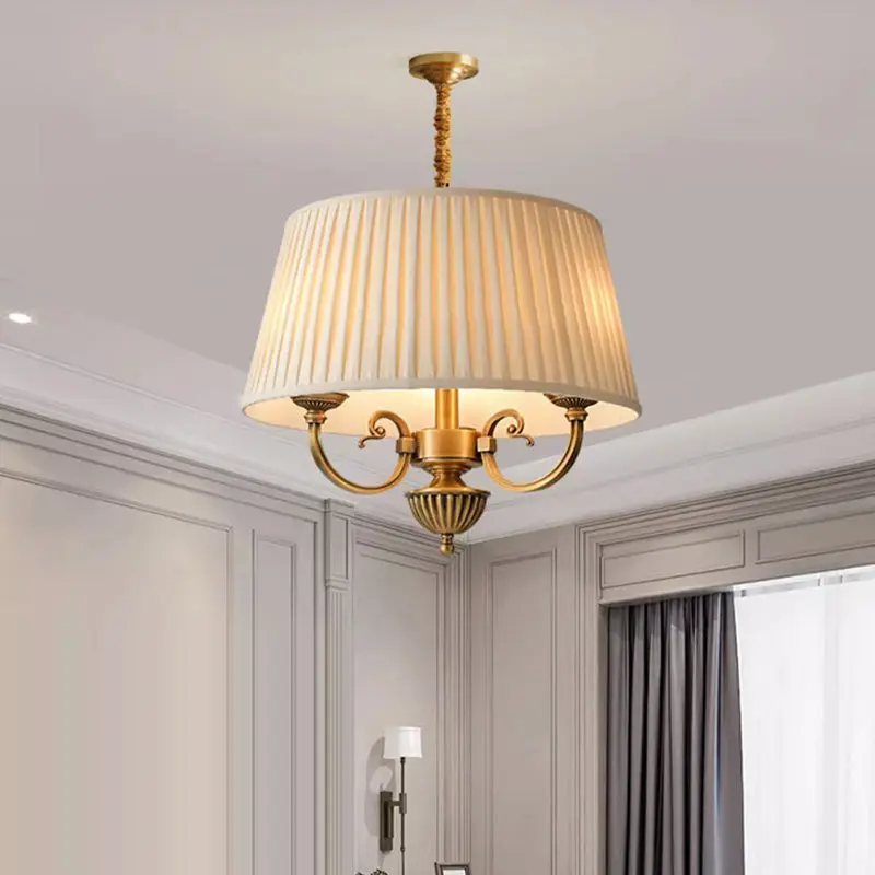 Traditional Vintage Round Cylindrical Copper Fabric 3-Light Pendant Light For Bedroom