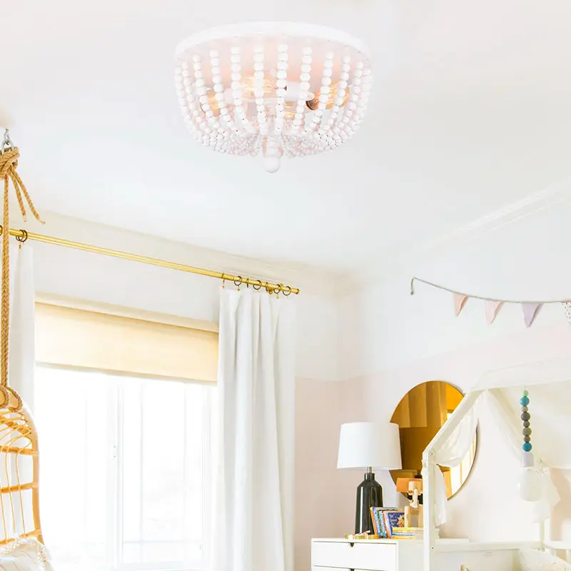 Traditional Vintage Round Iron Wood 4-Light Flush Mount Ceiling Light For Living Room