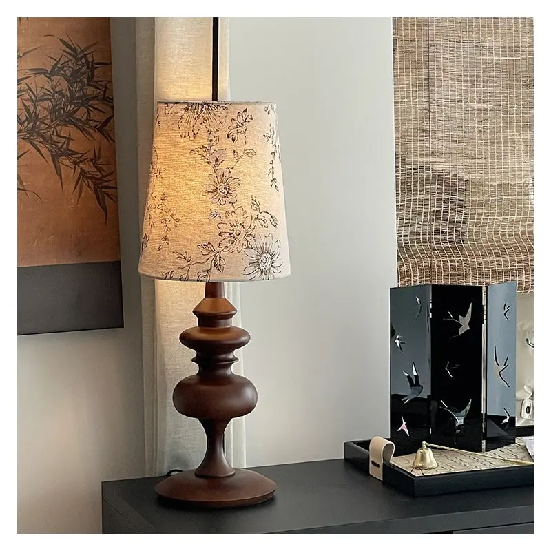 Traditional Vintage Round Solid Wood Base Trapezoidal Floral Fabric Shade 1-Light Table Lamp For Bedroom