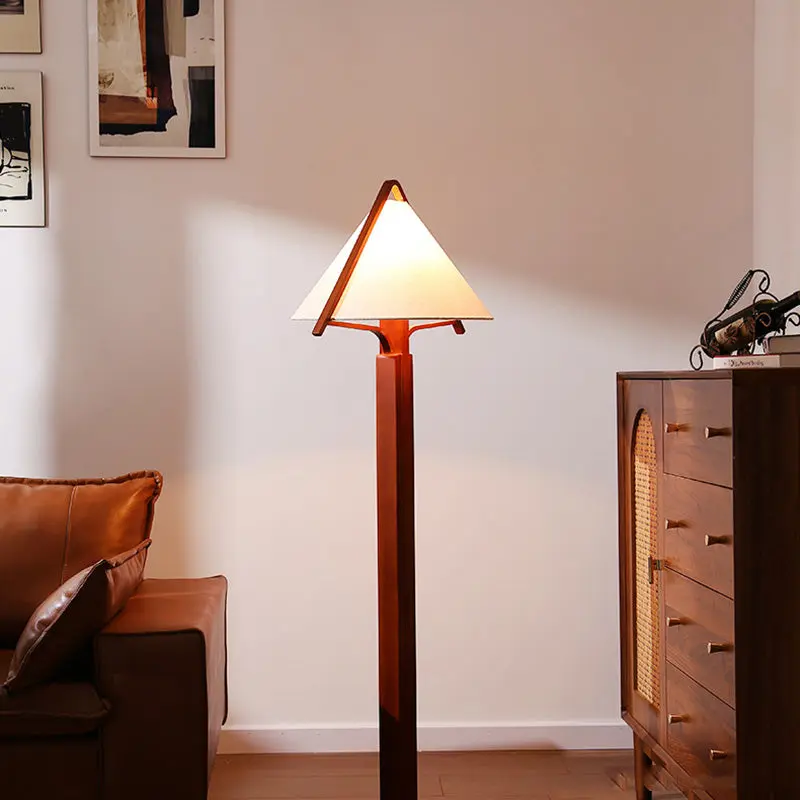 Traditional Vintage Round Cone Teak Cotton Fabric 1-Light Standing Floor Lamp For Living Room