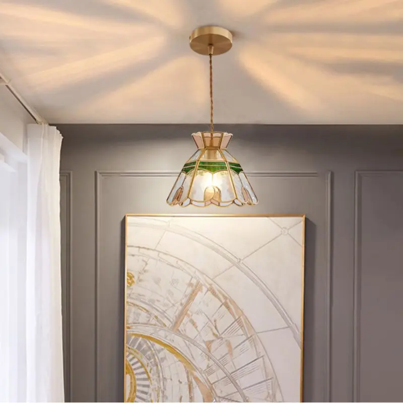 Traditional Vintage Handmade Flower Stained Glass Copper 1-Light Pendant Light For Living Room