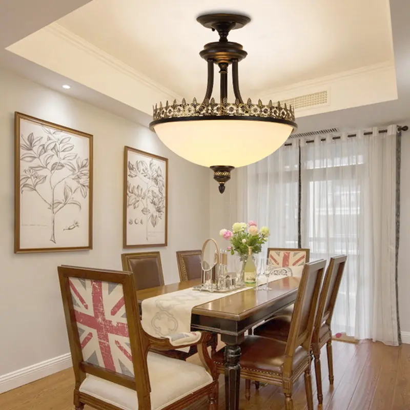 Traditional Vintage Round Iron Glass 3-Light Chandelier For Living Room