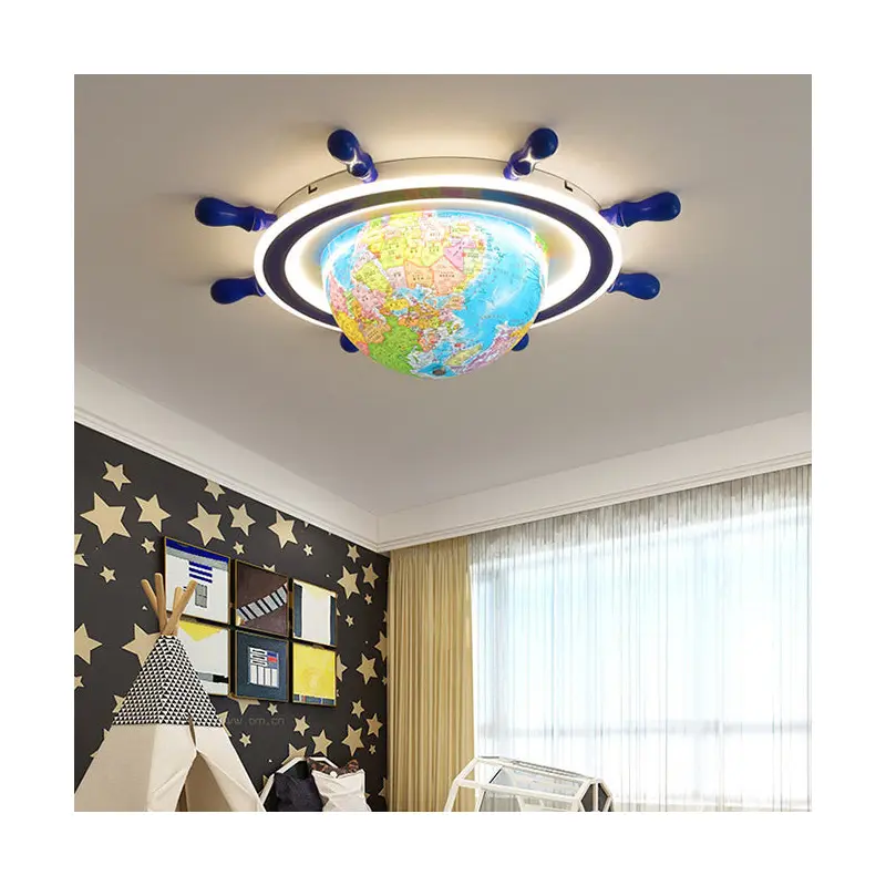 Contemporary Creative Iron Resin Cartoon Spinning Globe Ship Rudder LED Kids Flush Mount Ceiling Light For Bedroom