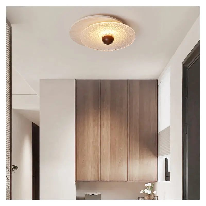 Traditional Japanese Travertine Round Water Ripple Glass Shade LED Flush Mount Ceiling Light For Living Room