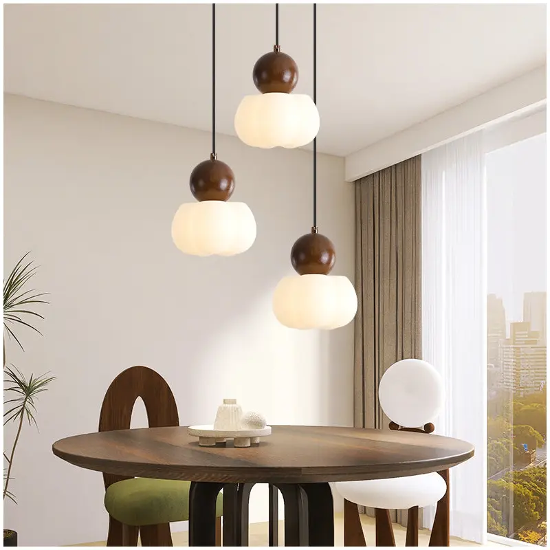 Traditional Vintage Orb Pumpkin Shape Wood Plastic Shade 1-Light Pendant Light For Living Room