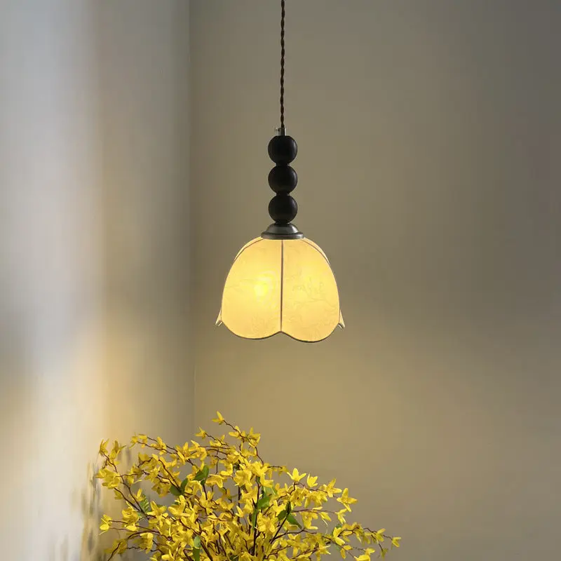 Traditional Vintage Round Bead String Dome Wood Hardware Fabric Shade 1-Light Pendant Light For Living Room