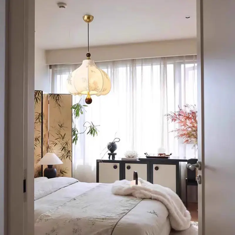 Traditional Vintage Dome Metal Ash Wood Fabric 3/5-Light Pendant Light For Bedroom