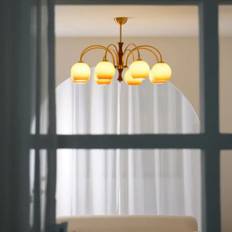 Traditional Vintage Sphere Glass Iron Wood 3/6 Light Chandelier For Living Room