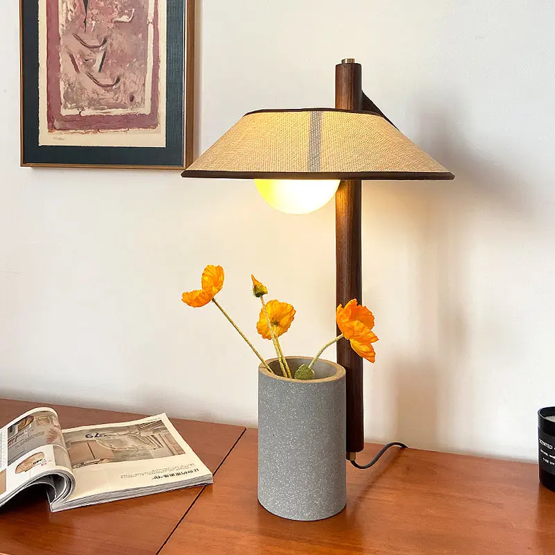 Traditional Vintage Ash Wood Fabric Cement Conic Cylinder Vase 1-Light Table Lamp For Bedroom