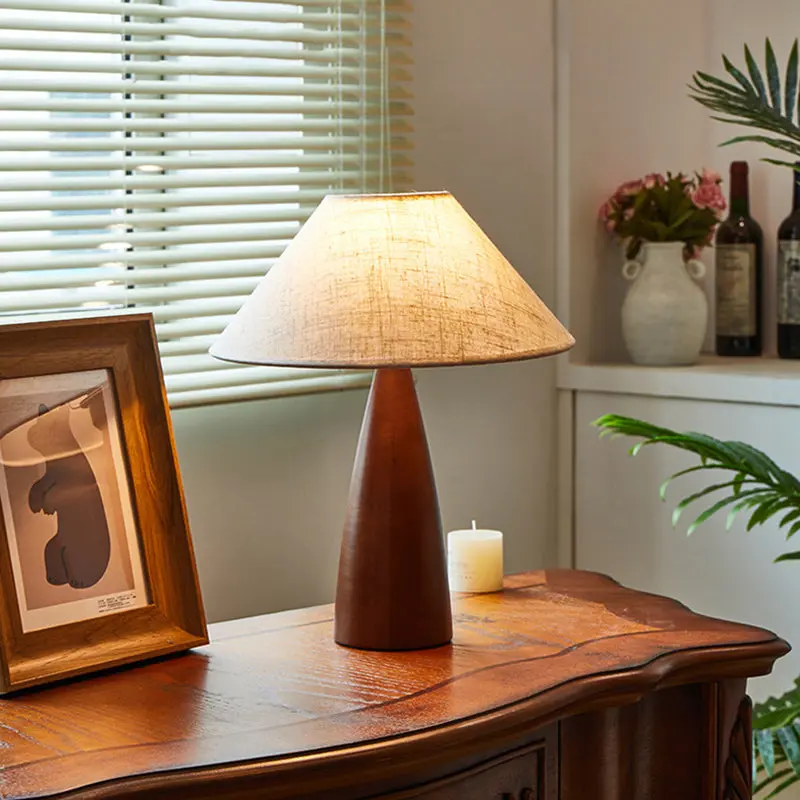 Traditional Vintage Crushed Cone Cylinder Fabric Solid Wood 1-Light Table Lamp For Bedroom
