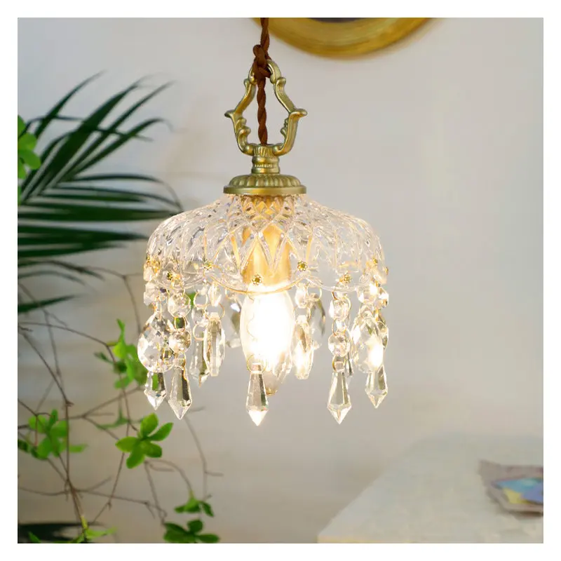 Traditional Vintage Round Glass Crystal Copper 1-Light Pendant Light For Bedroom