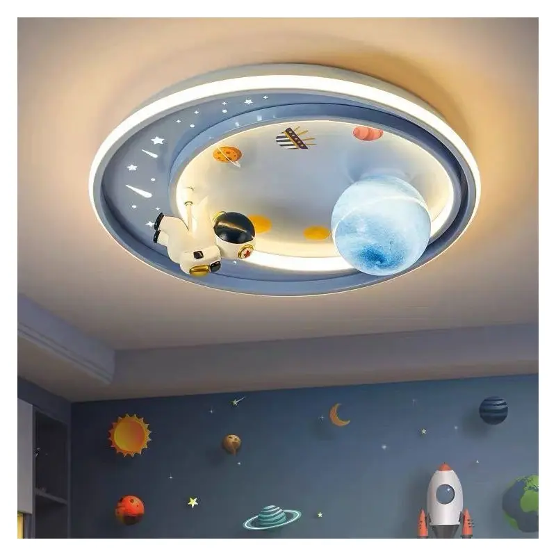 Contemporary Creative Iron Acrylic Cartoon Astronaut Spaceman Planet LED Flush Mount Ceiling Light For Living Room