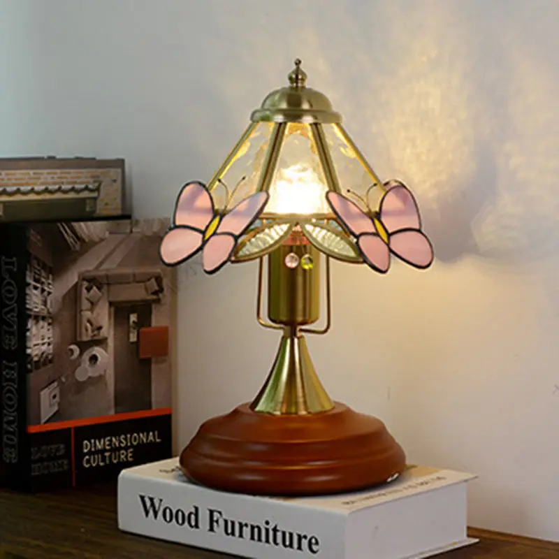 Traditional Vintage Butterfly Cone Round Glass Brass Solid Wood 1-Light Table Lamp For Living Room