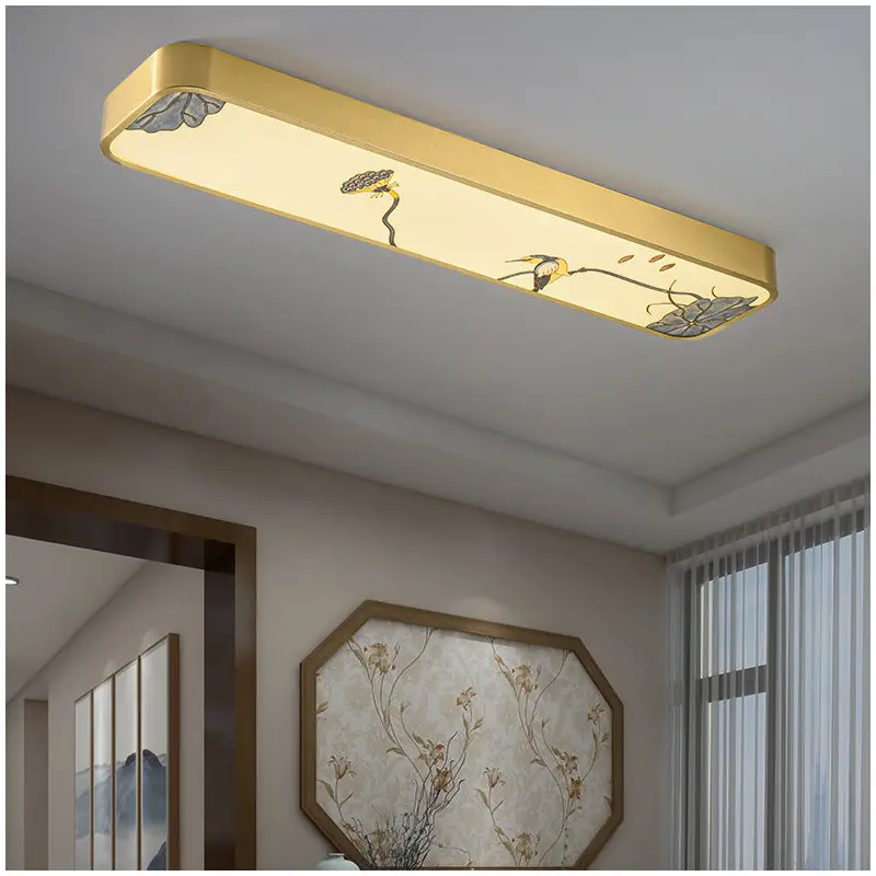 Traditional Chinese Copper Acrylic Painting Leaf Bird Rectangular LED Flush Mount Ceiling Light For Hallway