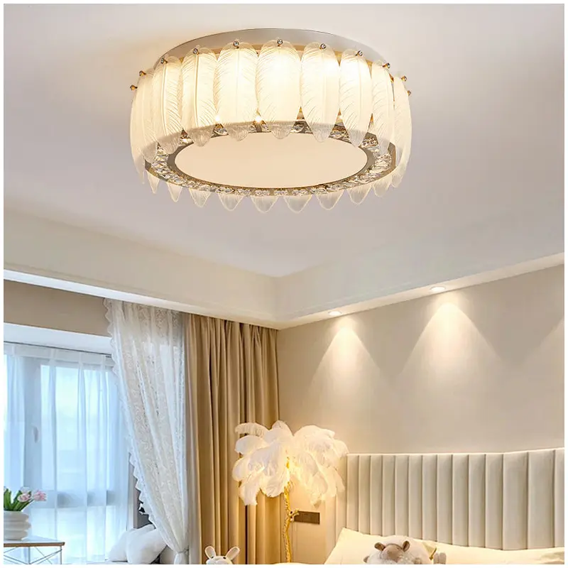 Traditional French Glass Iron Crystal Round Square Feather LED Flush Mount Ceiling Light For Bedroom