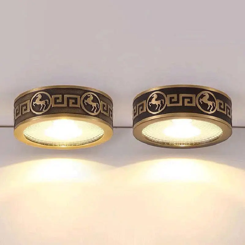 Traditional Chinese Brass Aluminum Round Horse LED Downlight Flush Mount Ceiling Light For Living Room