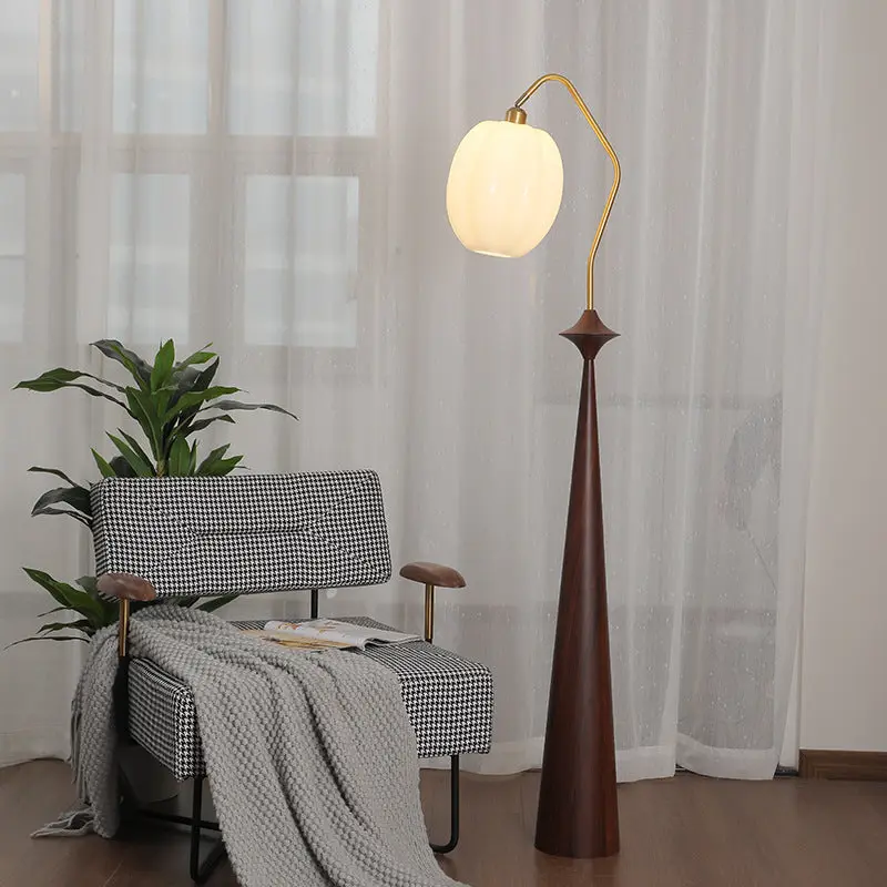 Traditional Vintage Round Table Bent Long Tube Pumpkin Pepper Pear Wooden Iron Glass 1-Light Standing Floor Lamp For Bedroom