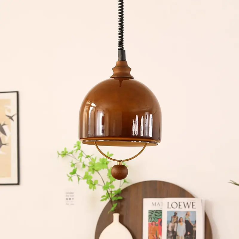 Traditional Vintage Hemisphere Metal Glass Solid Wood 1-Light Pendant Light For Bedroom