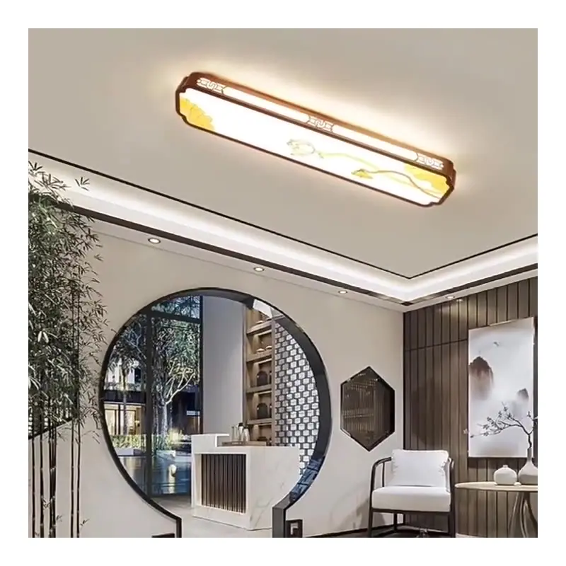 Traditional Chinese Long Strip Iron Enamel Lotus LED Flush Mount Ceiling Light For Living Room