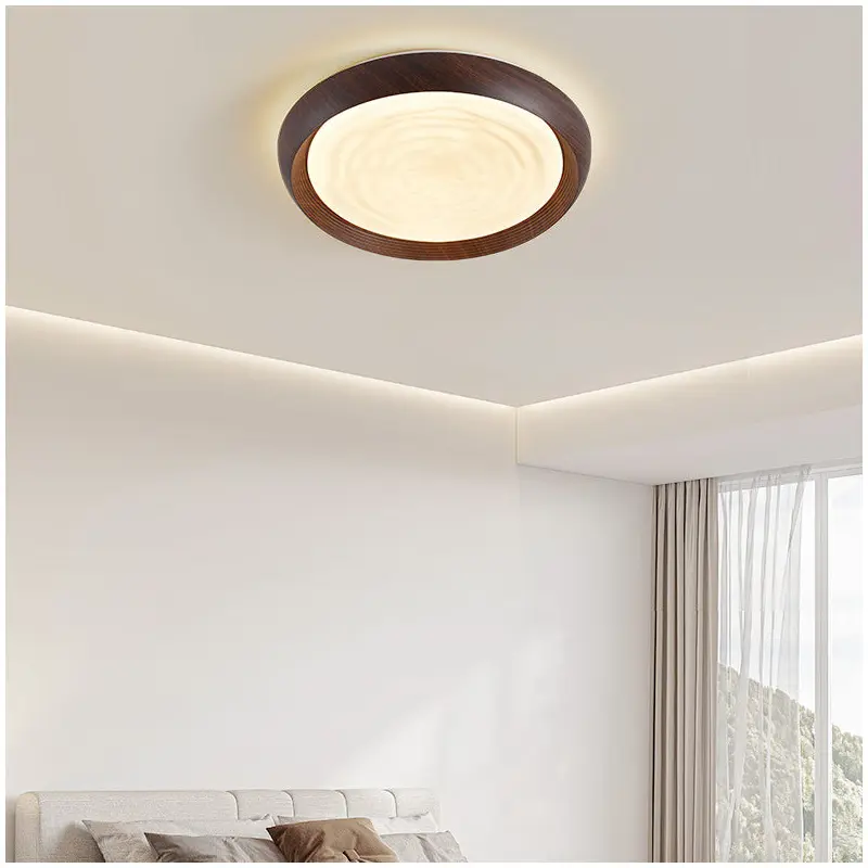 Traditional Japanese Walnut Wood Grain Round Iron LED Flush Mount Ceiling Light For Living Room