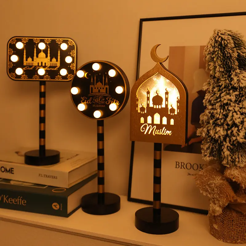 Contemporary Creative Battery Decorative Road Sign Moon Star Round Wood Metal LED Table Lamp For Bedroom