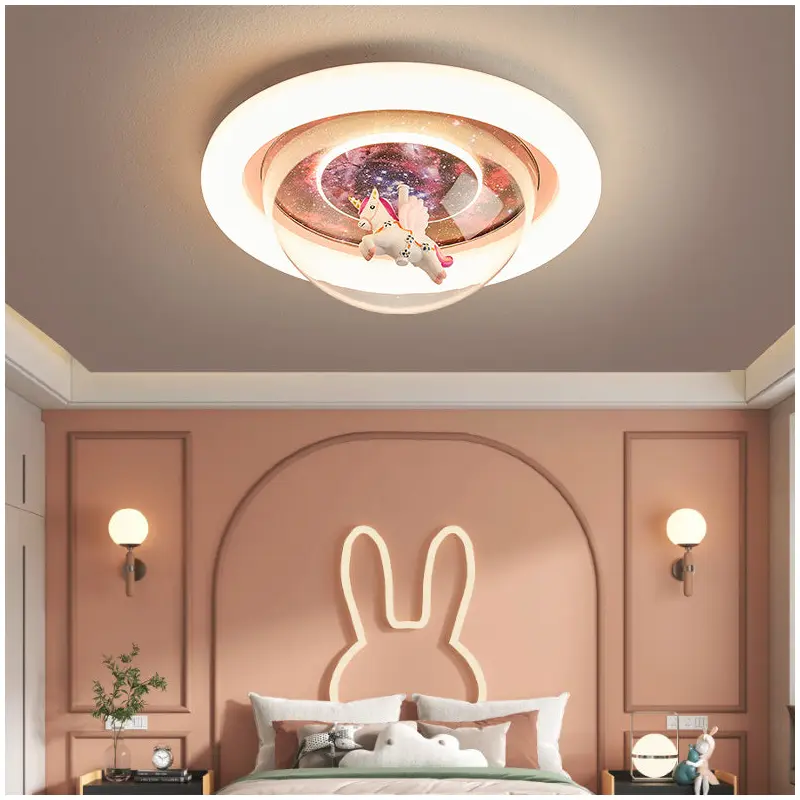 Contemporary Creative Cartoon Kids Starry Sky Unicorn Round Iron Resin Acrylic LED Flush Mount Ceiling Light Kids Light For Bedroom