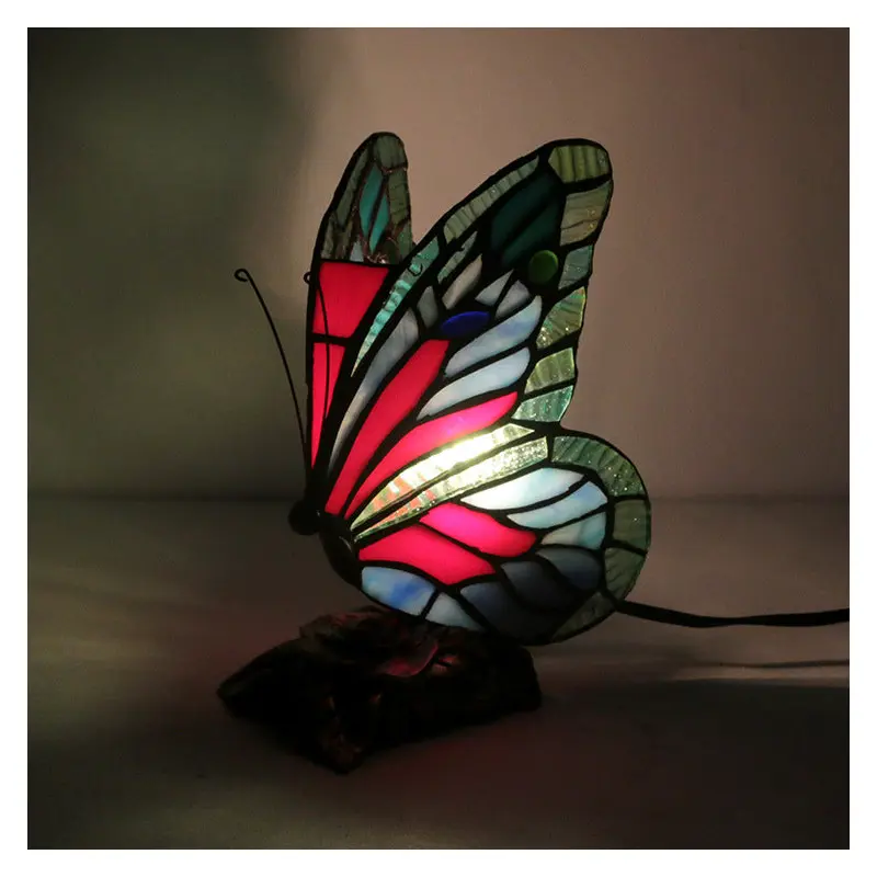 Traditional Tiffany Butterfly Rose Base Resin Glass 1-Light Table Lamp For Bedroom