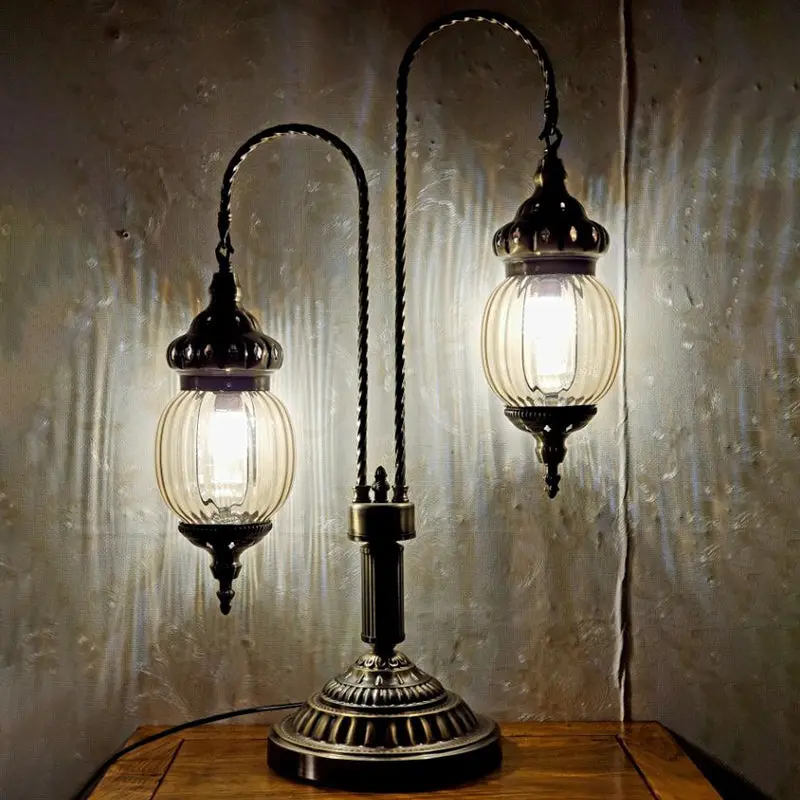 Traditional Vintage Iron Glass Globe 2-Light Table Lamp For Dining Room