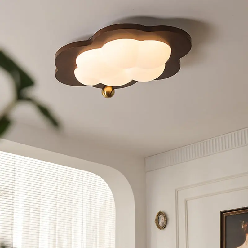 Contemporary Creative Cloud Pentagram Heart Solid Wood Iron Acrylic LED Flush Mount Ceiling Light For Bedroom