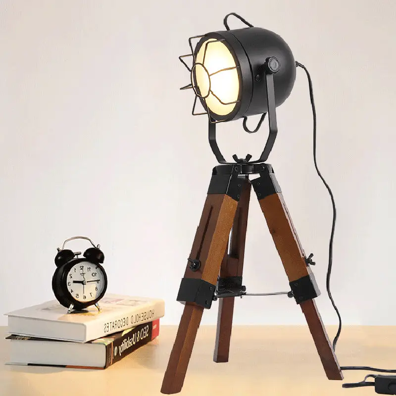 Traditional Vintage Tripod Base Cylinder Iron Wood 1-Light Table Lamp For Bedroom