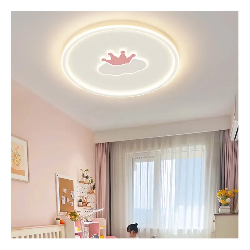 Contemporary Creative Kids Cartoon Love Crown Sun Round Iron Acrylic LED Flush Mount Ceiling Light For Bedroom