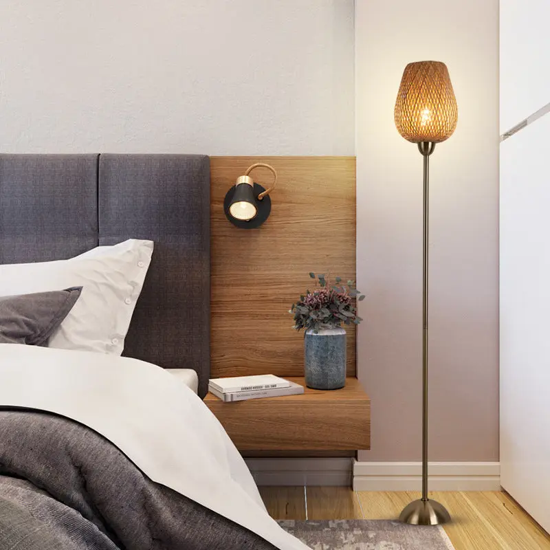 Contemporary Boho Weaving Bamboo Metal Lantern 1-Light Standing Floor Lamp For Living Room