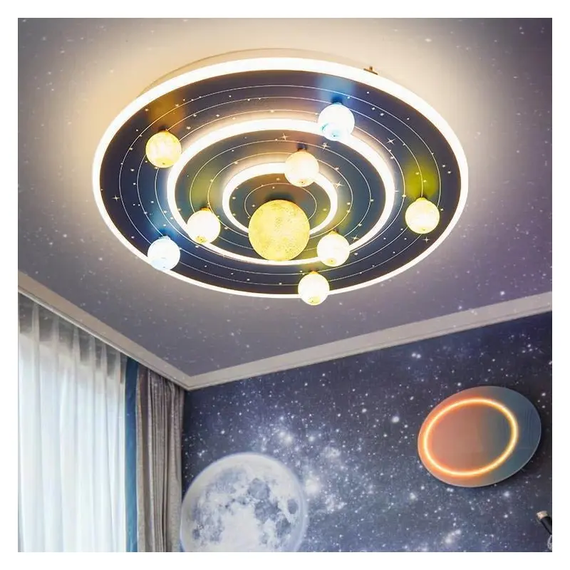 Contemporary Creative Kids Round Space Planet Iron LED Flush Mount Ceiling Light For Bedroom
