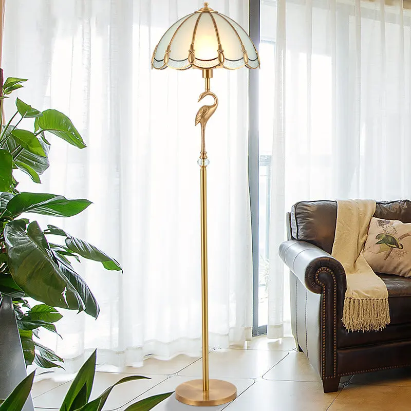 Traditional Vintage Round Cone Copper Glass 1-Light Standing Floor Lamp For Bedroom