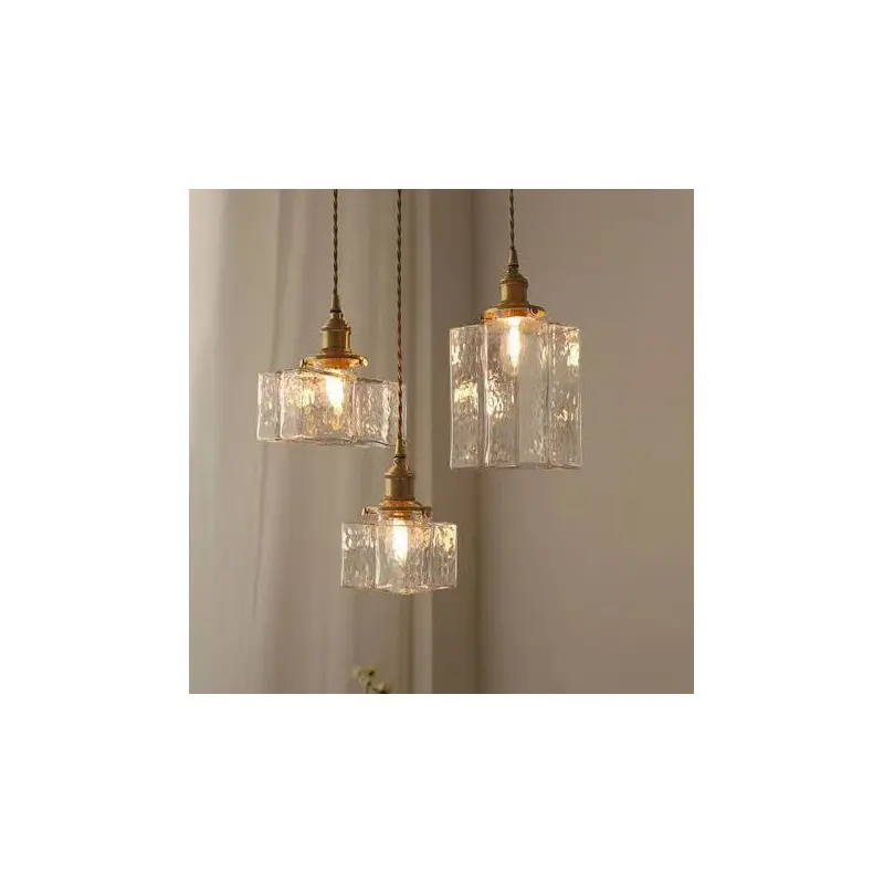 Traditional Vintage Rectangular Brass Glass 1-Light Pendant Light For Living Room