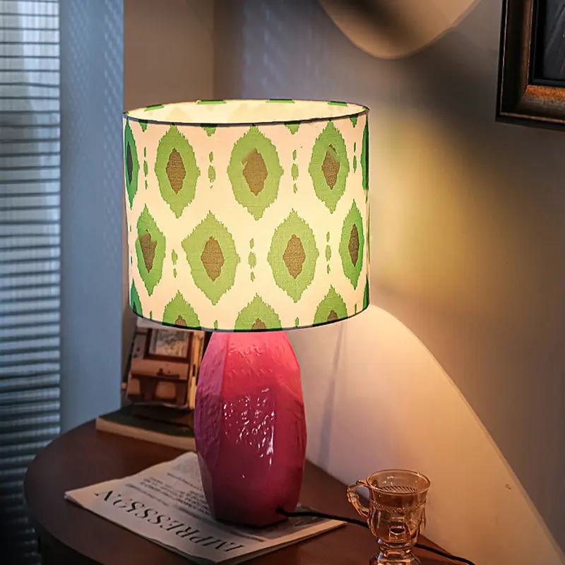 Traditional Vintage Ceramic Fabric Cylinder Geometric Patterned 1-Light Table Lamp For Bedroom