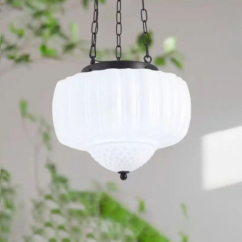 Traditional Vintage Diamond Pumpkin Striped Disc Base Iron Glass 4-Light Pendant Light For Living Room