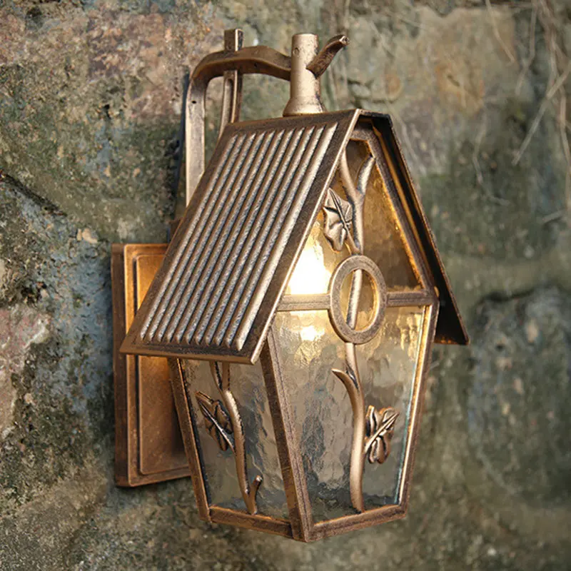 Traditional Vintage House Shape Square Glass Aluminum 1-Light Wall Sconce Lamp For Outdoor Patio