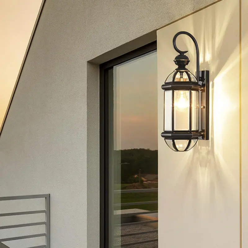 Traditional Vintage Round Cylinder Glass Copper 1-Light Wall Sconce Lamp For Garden