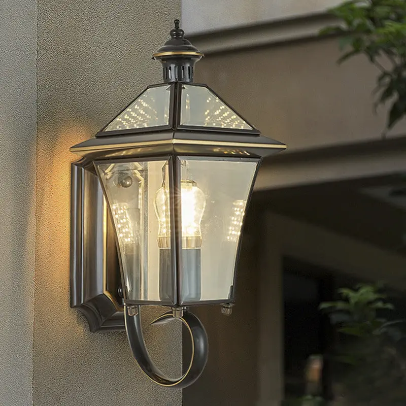 Traditional Vintage Tapered Square Round Glass Copper 1/3 Light Wall Sconce Lamp For Garden