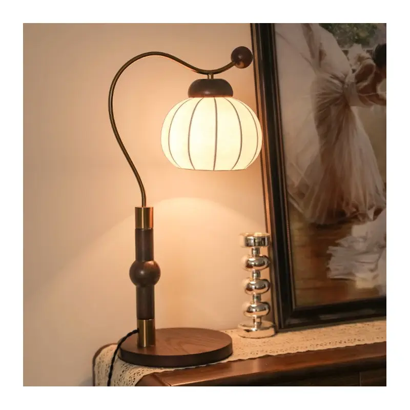 Traditional Japanese Silk Round Shade Wood Aluminum Pole 1-Light Table Lamp For Bedroom