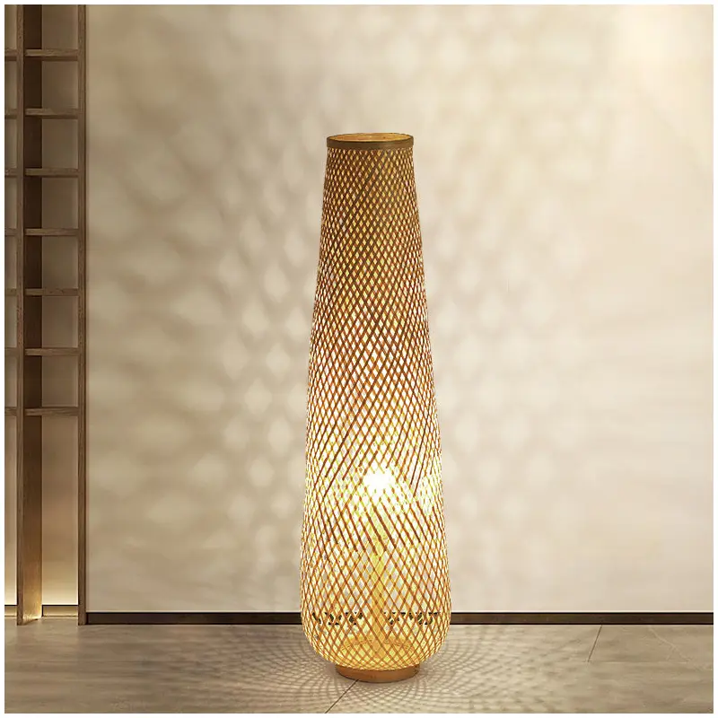 Contemporary Boho Handmade Weaving Bamboo Column Lantern 1-Light Standing Floor Lamp For Living Room