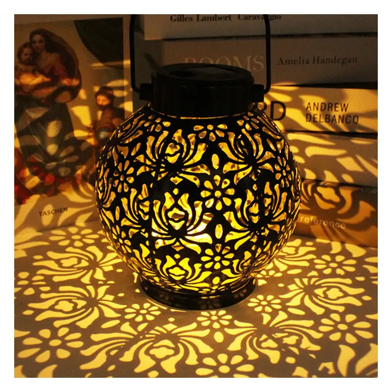 Contemporary Retro Solar Waterproof Iron Ball Hollowed Lantern Hanging LED Landscape Lighting Outdoor Light For Garden