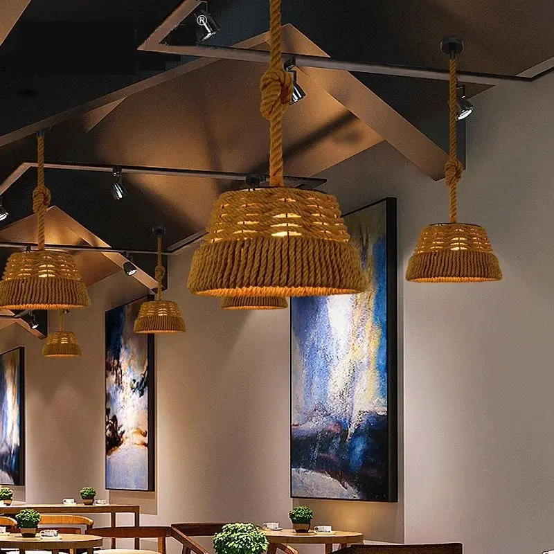 Traditional Vintage Round Cone Sisal Iron 1-Light Pendant Light For Living Room