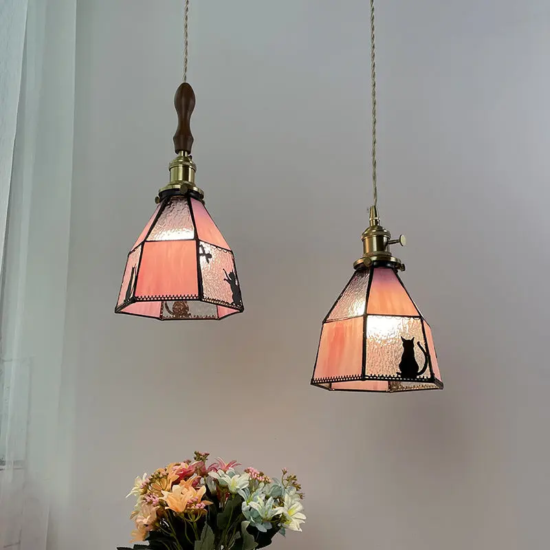 Traditional Vintage Pastoral Brass Glass Shade 1-Light Pendant Light For Living Room