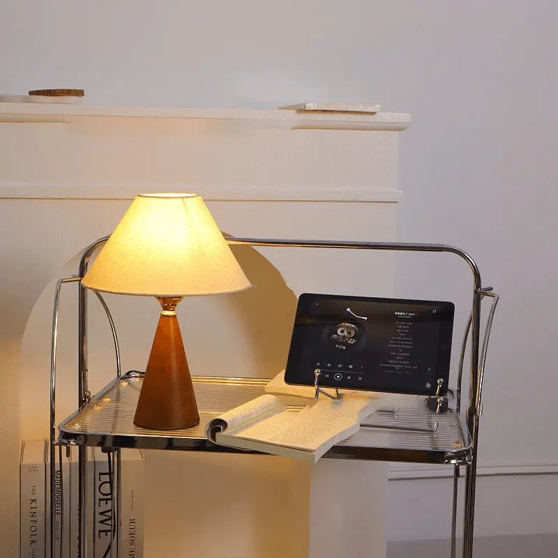 Traditional Vintage Conic Rubber Wood Fabric 1-Light Table Lamp For Bedside