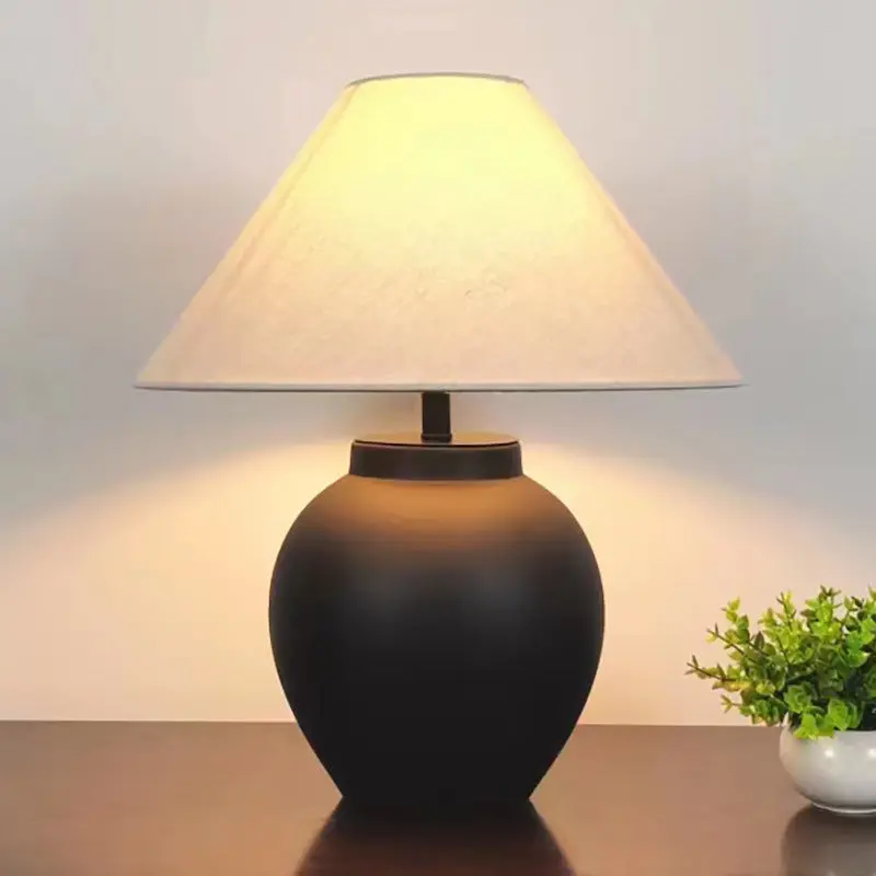 Traditional Japanese Tapered Round Fabric Ceramic 1-Light Table Lamp For Living Room