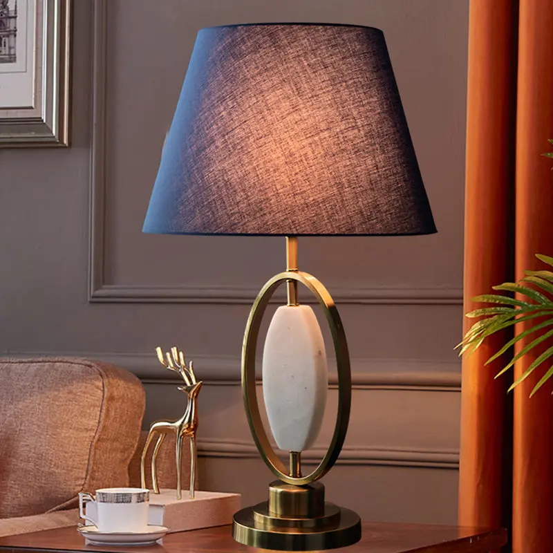 Traditional Vintage Round Column Fabric Metal 1-Light Table Lamp For Living Room